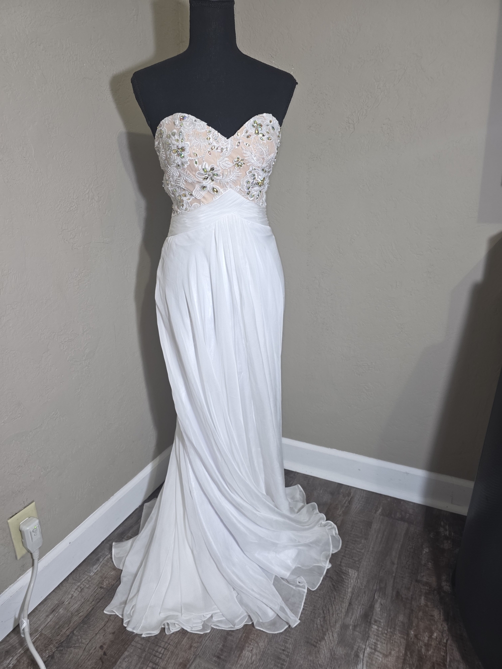 Strapless White Embellished Chiffon Evening Dress